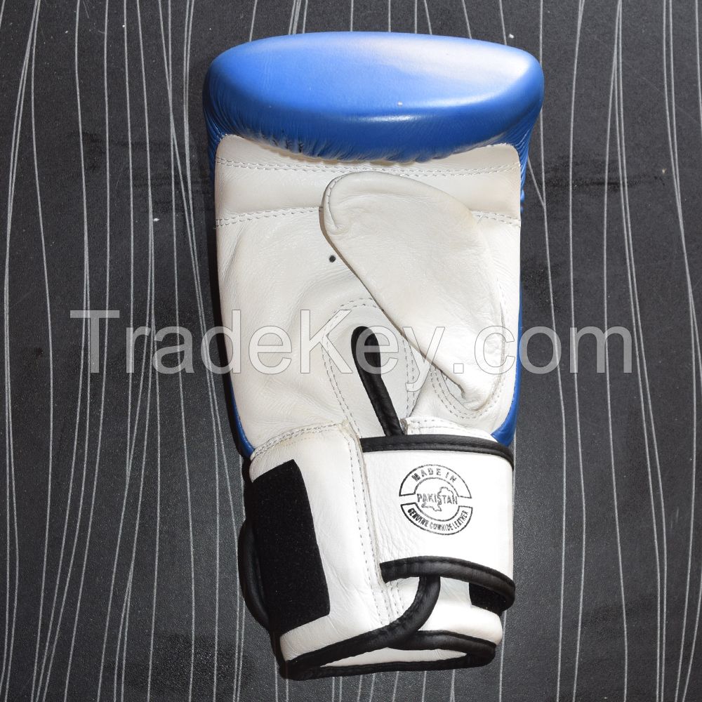 Real Blue White Leather Boxing Gloves Supplier