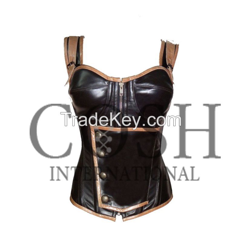 Overbust Corset In Black And Brown Genuine Leather With Zipper And Brass Buttons