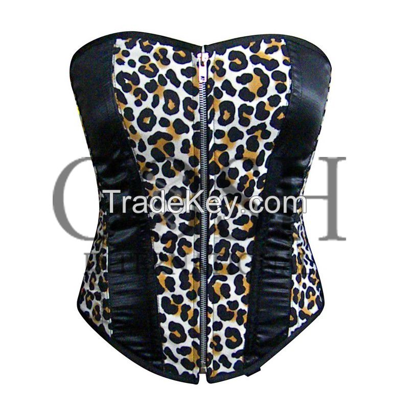 Overbust Corset In Black With Leopard Satin Inlay