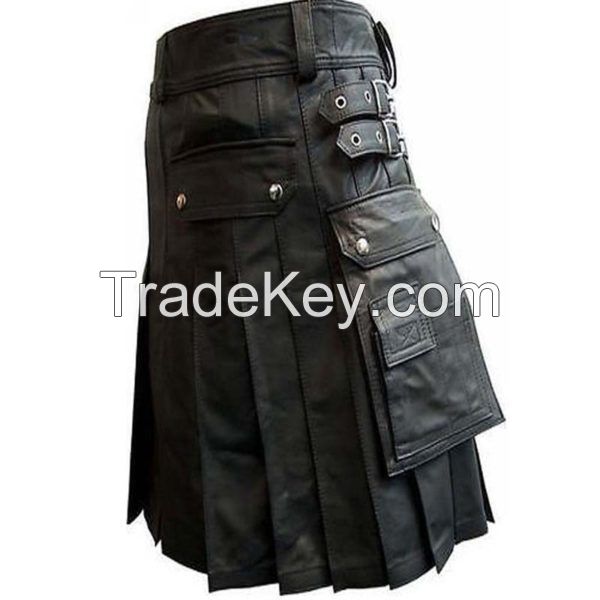 Leather Kilt With Twin Cargo Pockets At Front