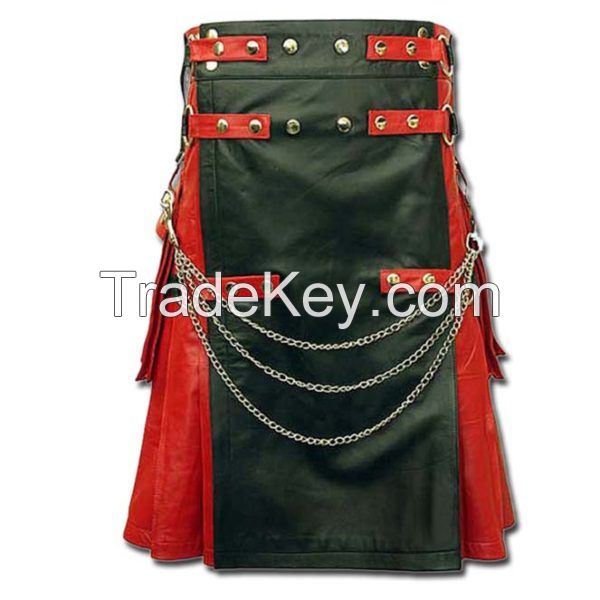 Red Black Leather Modern Fashion Utility Kilts Supplier