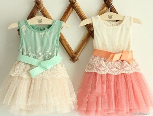 Girls Embroidered Lace 6 layer gauze bow vest dresses girl sets