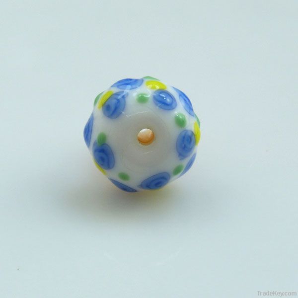 lampwork glass cupcake beads with blue flowers