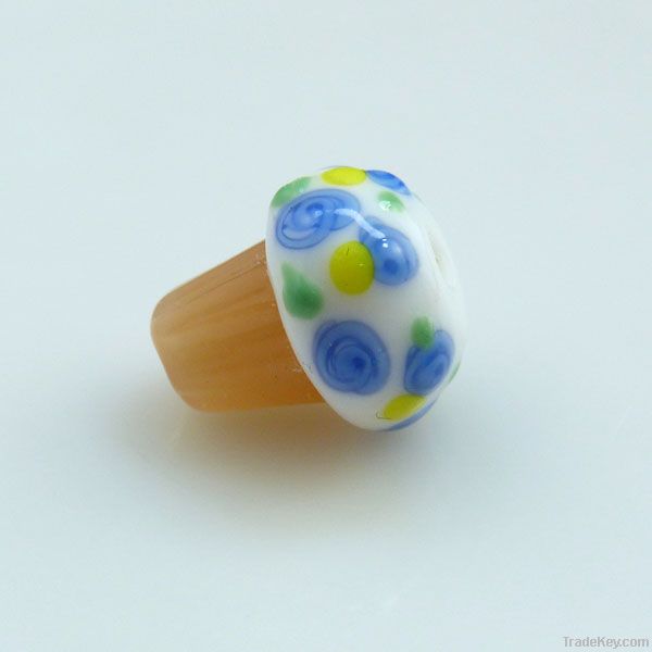 lampwork glass cupcake beads with blue flowers