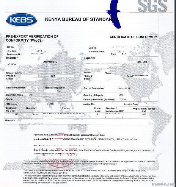 SGS Kenya PVOC pre-shipment Inspection
