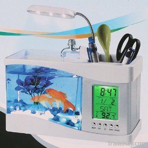 Mini USB LCD Desktop Lamp Light Fish Tank Aquarium LED Clock White Fis