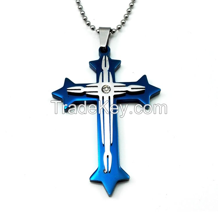 Blue Silver Stainless Steel Necklace Cross Mens Womens Pendant