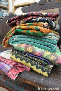 Vintage Kantha Ralli Quilt Throws, Antique Bohemian Indian Bed Cover