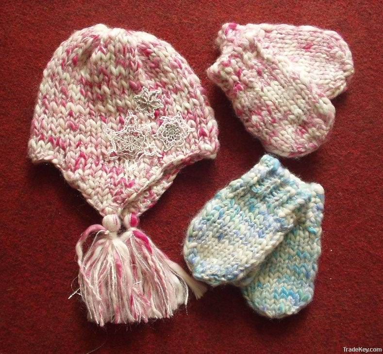 space dye knitted hat ;mitten