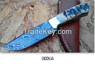 Damascus Hand made Carbon Steel Fixed Blade knife with with Cow wood