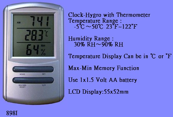 thermoeter with hygrometer and LCD clock
