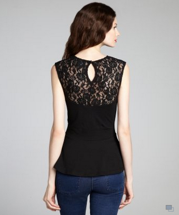 Black Cotton Jersey Lace Inset Peplum Top