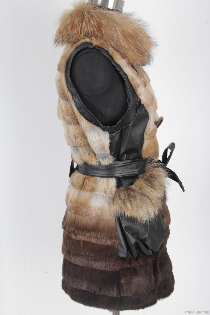 Rabbit fur long vest / coat with fox collar and sheep leather be