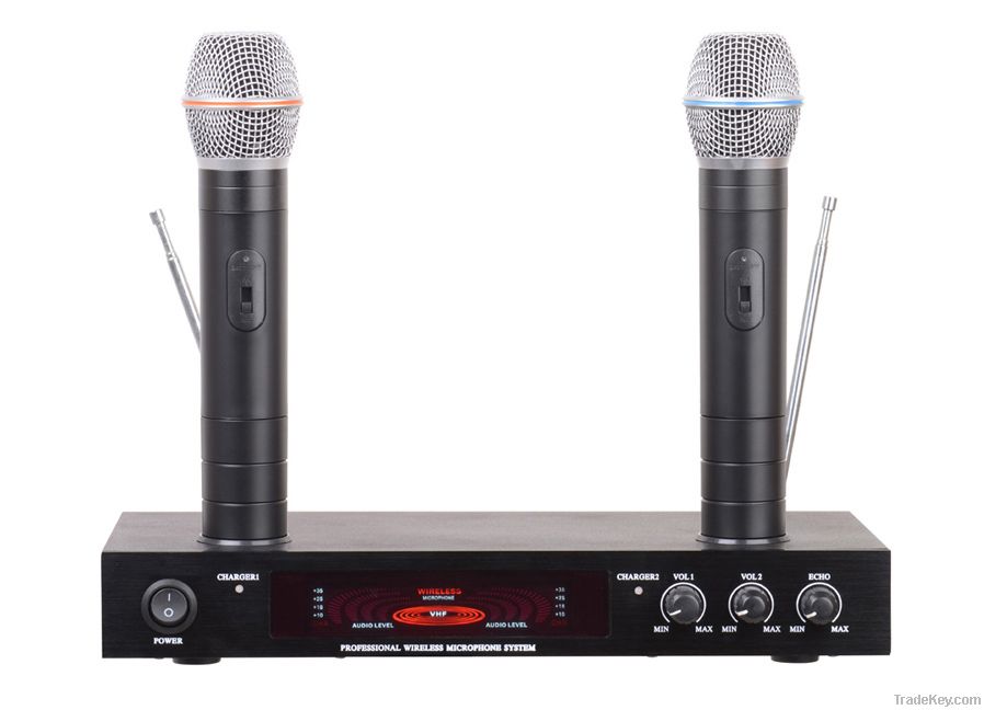 VHF dual channels rechargeable echo wireless microphone