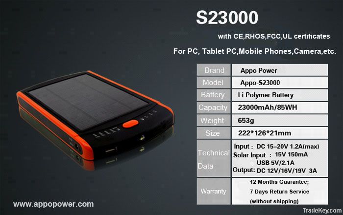 Solar mobile power ban 23000mah mobile phone notebook external battery