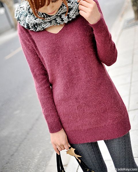 Women Button Back Rabbit Hair V Neck Long Sweater