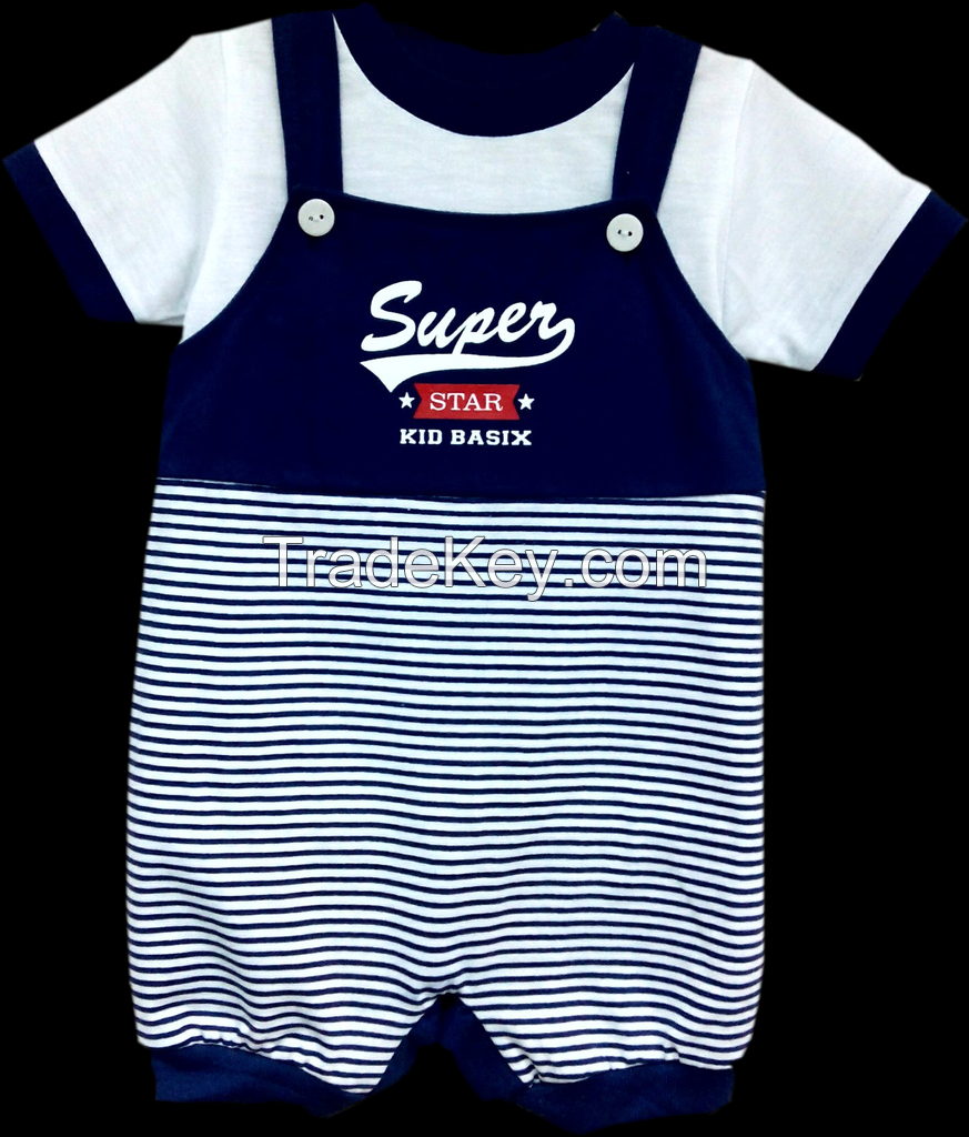 Infant Baby Boy Clothes - Boys 2pc Shortall Navy w/White Stripes & Super Star Print & White Pullover