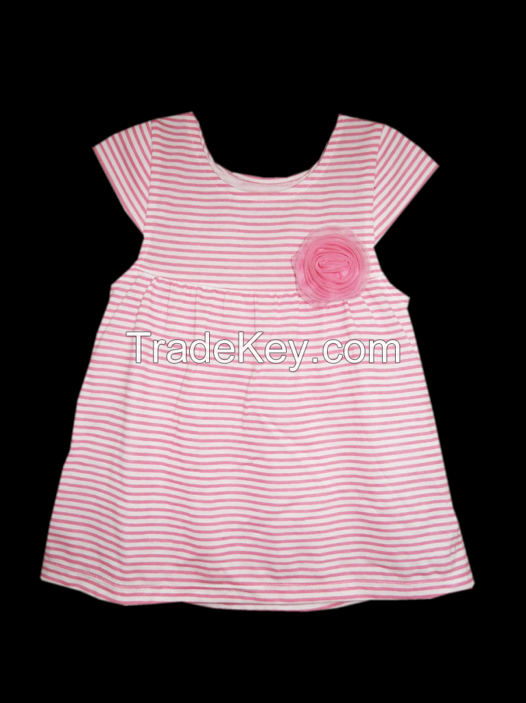 Infant Baby Girl Clothes - Girls 1pc Dress White w/Pink Stripes & Flower Detail