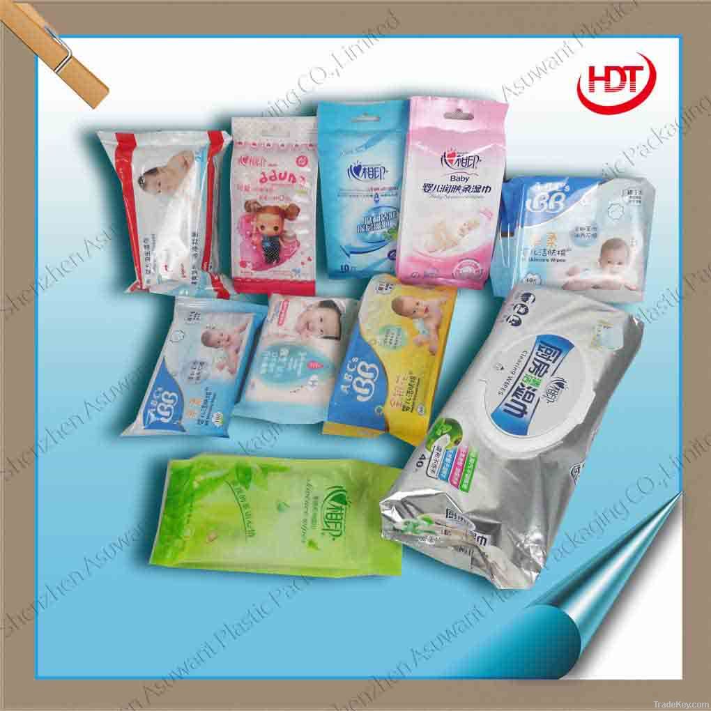 Back-sealed plastic packaging bag with easy open tear for wet tissue