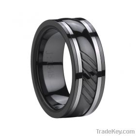 Stainless Steel Inlay Groove Black Ceramic wedding Band ring