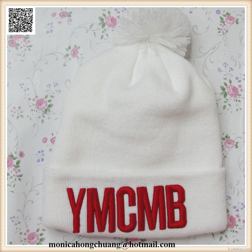 White Acrylic Beanie with Pompom