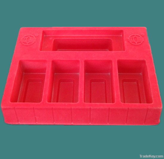 Thermoformed plastic flocking trays for cosmetics