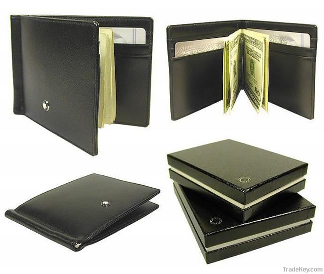 Leather silver steel money clip with card slots