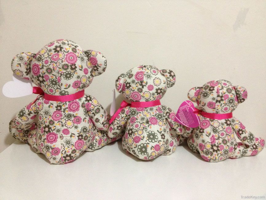 Flower printting  fabric sitting bear with ribbon