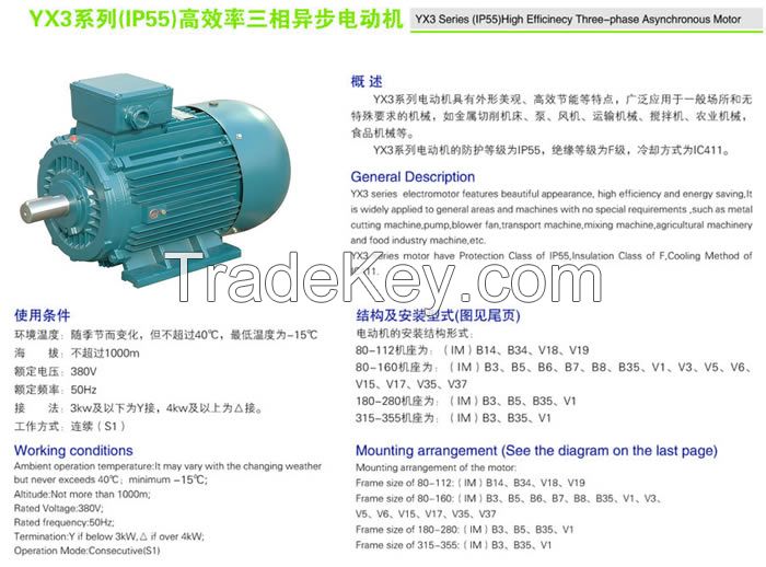 YX3 series(IP55) High Efficinecy Three Phase Asynchronous Motor