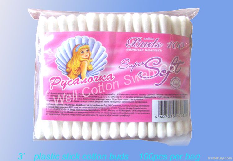 3 Inch Plastic Stick Cotton Buds 100pcs Per Bag