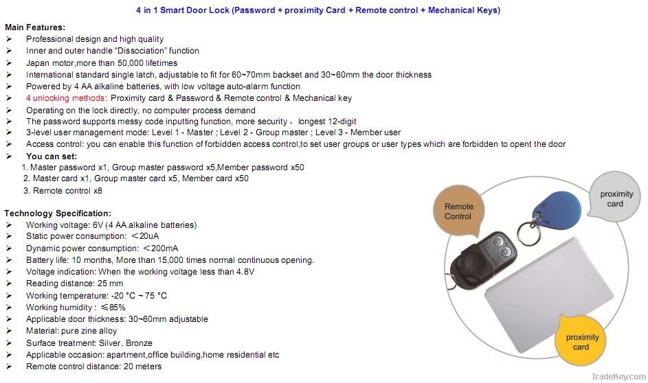 4 n 1 smart lock ( password+remote+card+key)