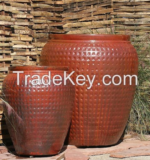 Tall Round Barrels-Large Glazed Ceramic Planters-Red Pots