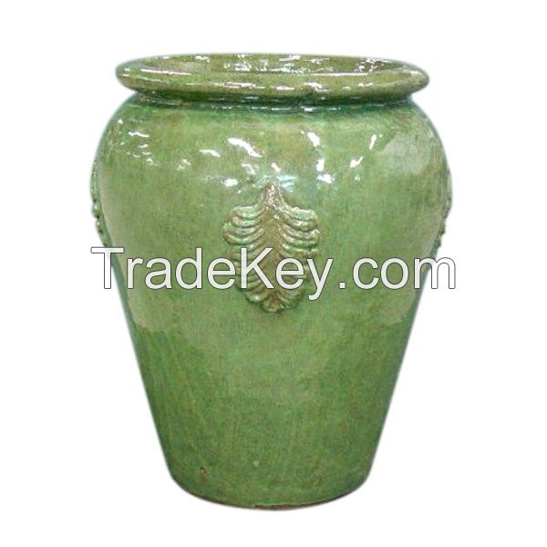 Tall Round Barrels-Large Glazed Ceramic Planters-Green Ceramic Pots