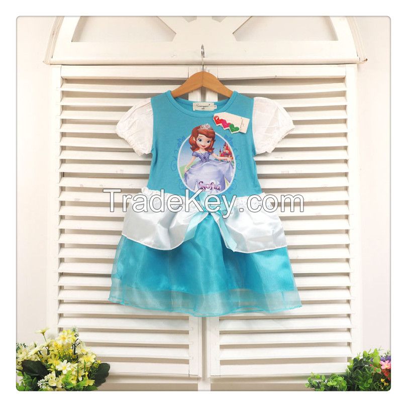 supply  2015 summer  new design baby  dress blue sofia princess dress short  sleeve for 3 to 7 year 