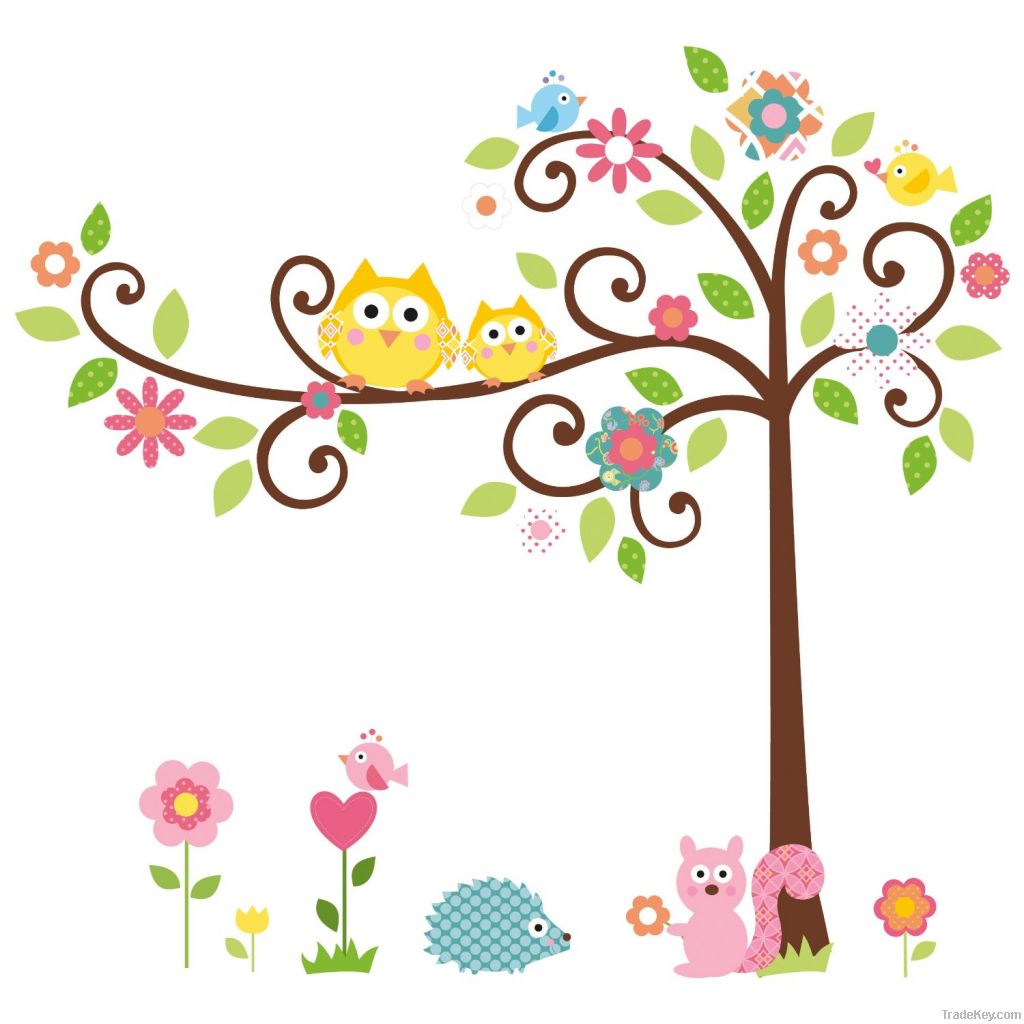 ZooYoo Oiginal Design  Scroll Cute Owl Tree Peel & Stick Wall
