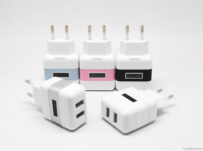 Dual-USB Wall Chargers for iPod, iPhone with EU Plug, 2, 100mA Output