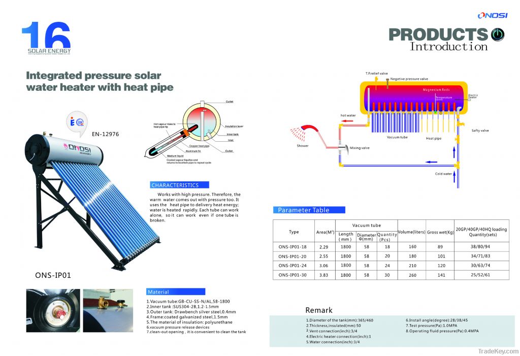 Integrated pressure solar water heater with heat pipe