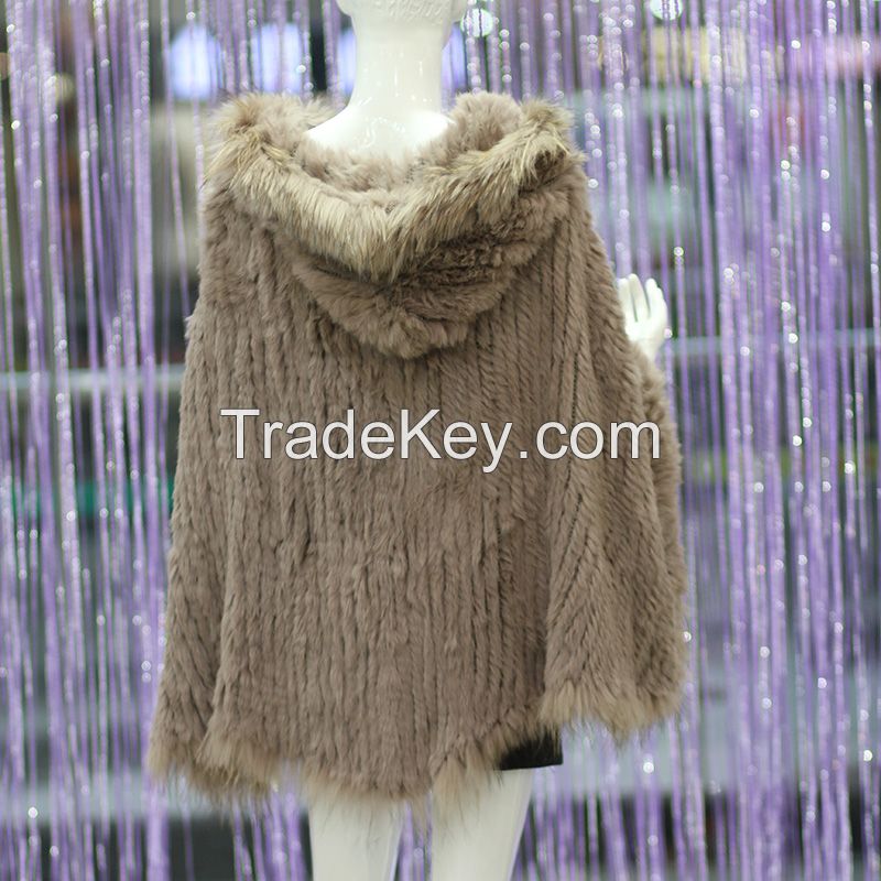 Knitted Rabbit Fur Autumn Winter Ponchos With Hood