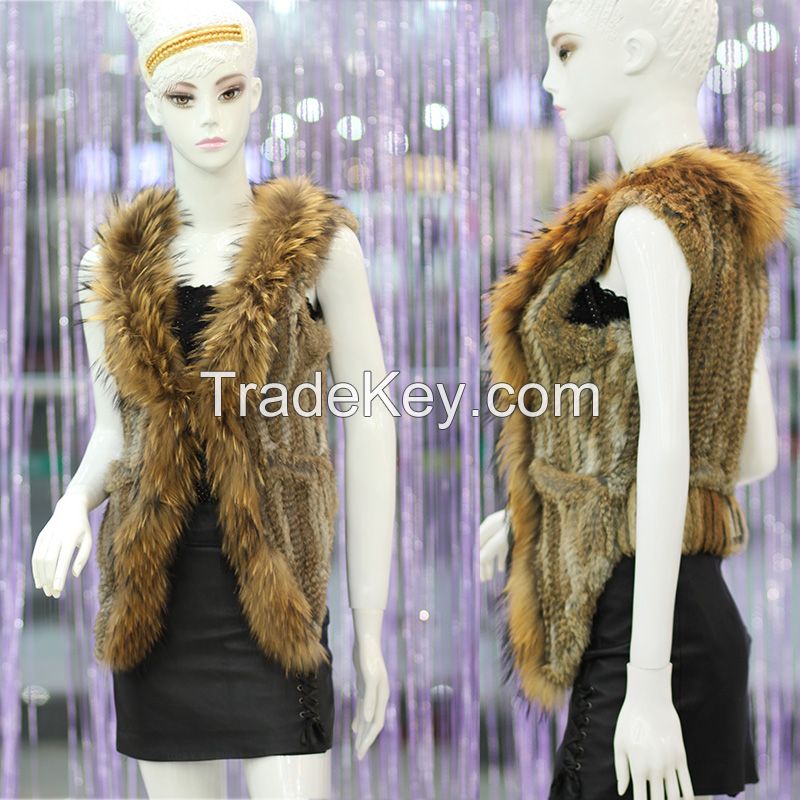 Short Style Women Vest Rabbit Vest With Raccoon Collar