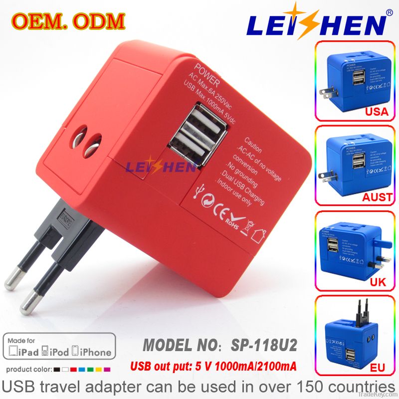 World travel adapter with 2 usb port charger