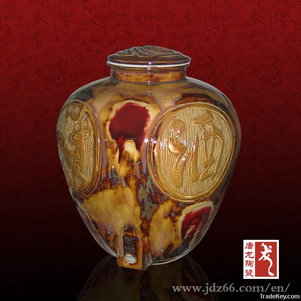 60 Catty Glazed Ceramic Wine Jar with Reliefs