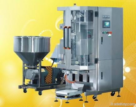 Vertical packaging machine with automatic process weighing