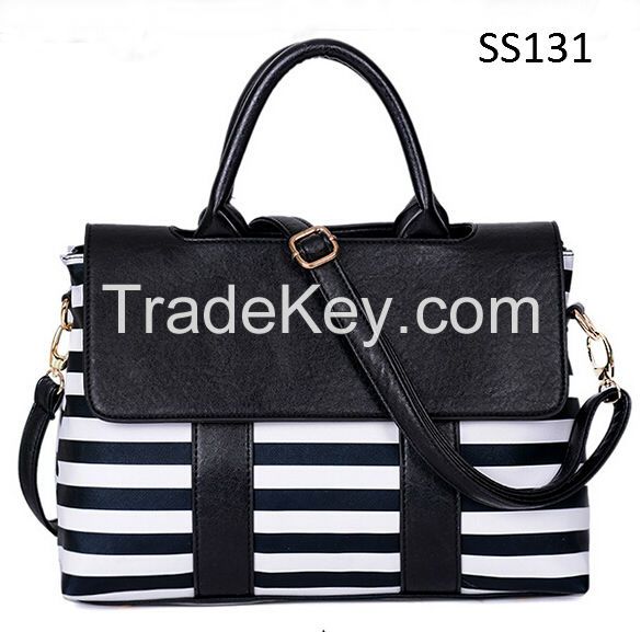 Lady&#039;s Black &amp;amp; White Stripe PU Handbag Shoulder Bag Messenger Bag