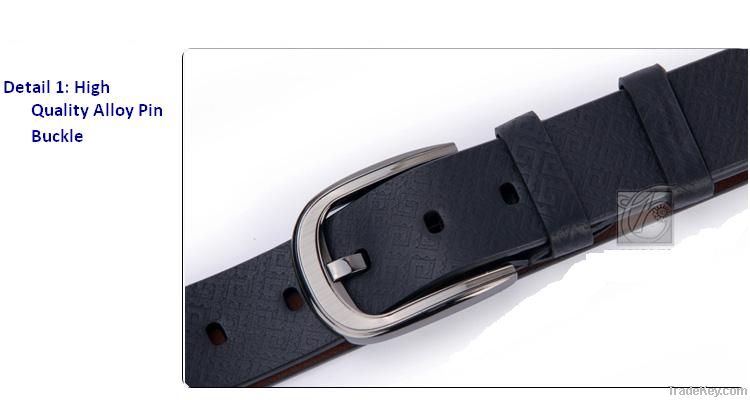 High Quality Men's Black Genuine Cow Leather Belt Alloy Pin Buckle