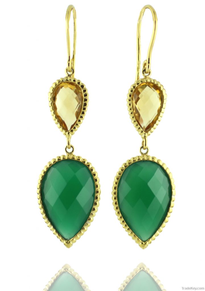 Green Onyx & Citrine Earring Jewelry, 10K Gold Plated Silver Dangle Ea