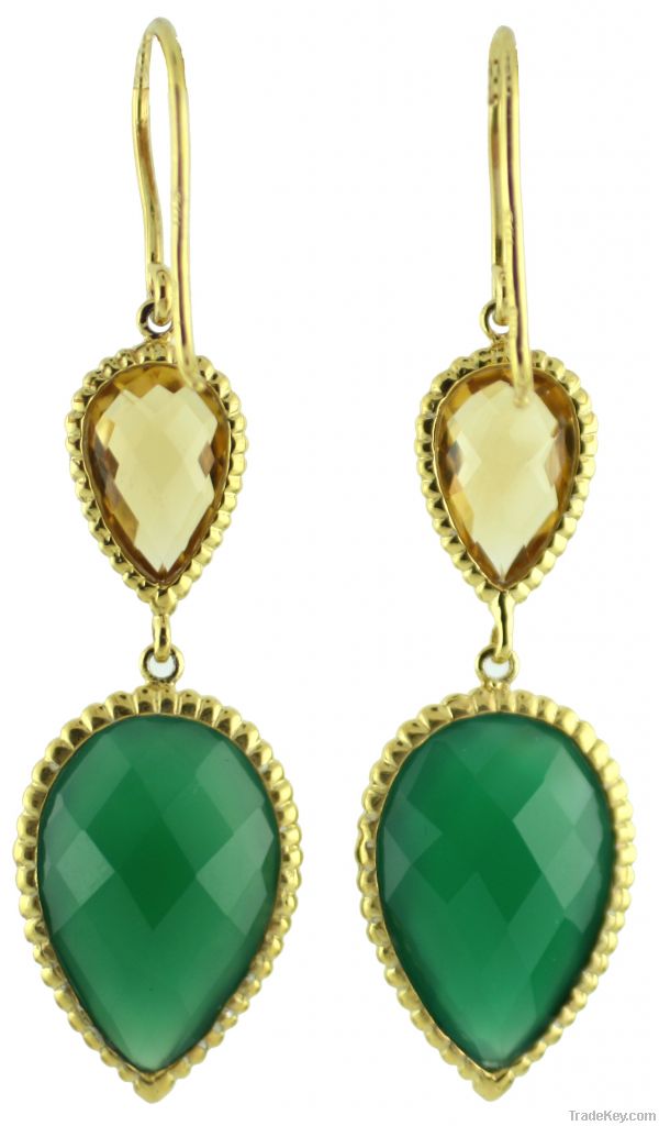 Green Onyx & Citrine Earring Jewelry, 10K Gold Plated Silver Dangle Ea