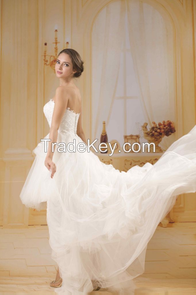 2015 guangzhou short length puffy tulle ball bridal dresses with long train and beading motif AG009