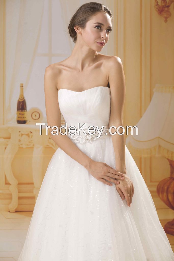 2015 guangzhou new arrival princess A-line bridal dresses with beaded sash/belt and sequins17650