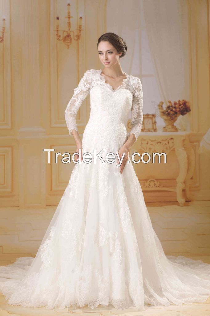 2015 guangzhou long length french lace A-line wedding dresses with keyhole back AG011