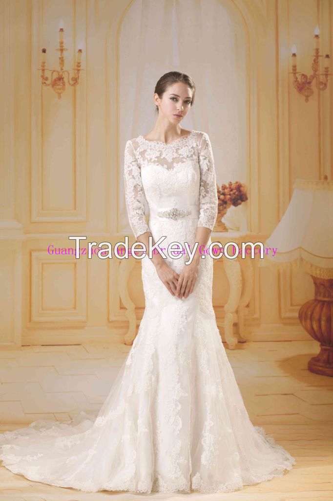 2015 guangzhou elbow slesves mermaid bridal gowns with long train and french lace AG010